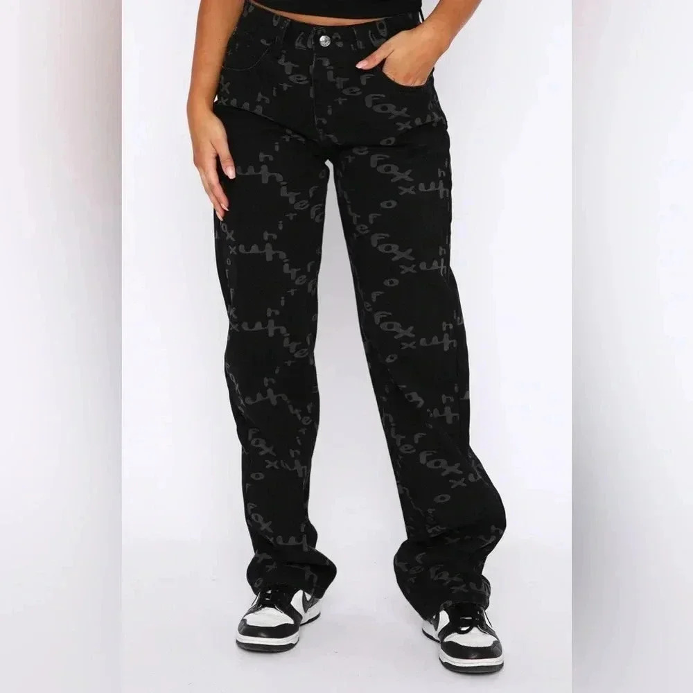 White Fox Catch Me Out Printed Denim Jeans Black